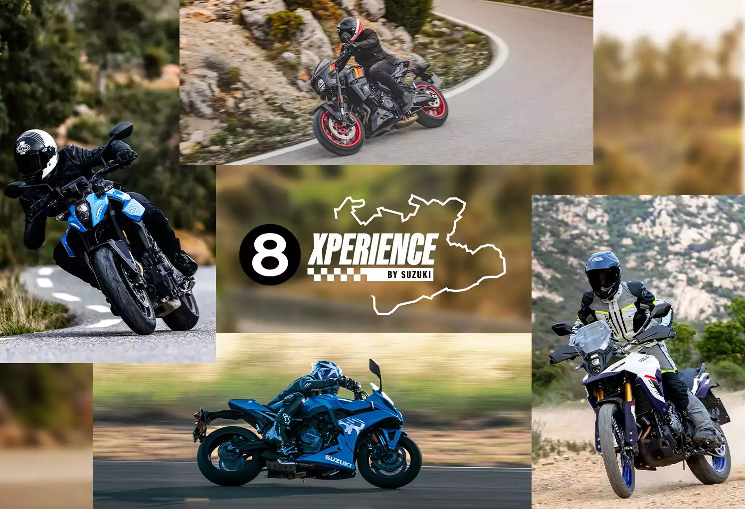 Collage von Motorrädern um den 8 Xperience Schriftzug in der Mitte