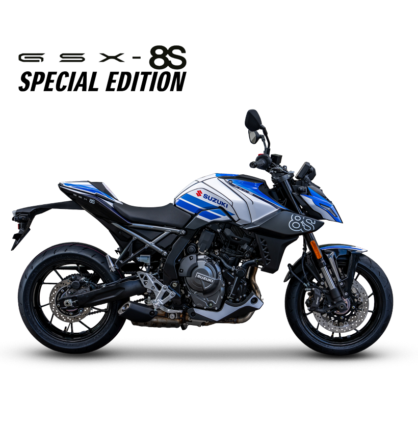 Seitenprofil der Suzuki GSX-8S Special Edition mit speziellem Jubiläums-Dekor und dem Schriftzug „GSX-8S SPECIAL EDITION“.
