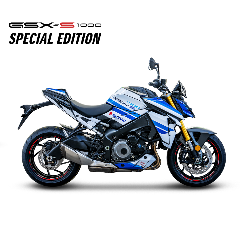 Seitenprofil der Suzuki GSX-S1000 Special Edition mit Jubiläums-Dekor und dem Schriftzug „GSX-S 1000 SPECIAL EDITION“.