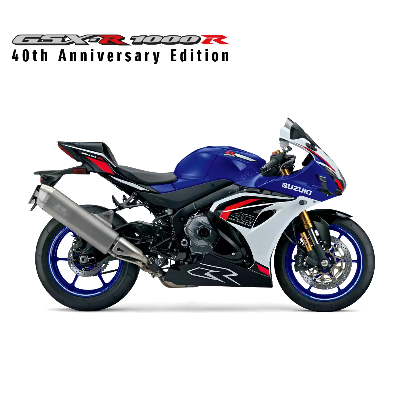 Suzuki GSX-R1000R 40th Anniversary, blau-weiß-schwarz, Sportmotorrad mit Jubiläumsdesign, goldener Gabel und blauen Felgen.
