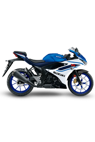 Freigestellte Seitenansicht einer weiß-blauen Suzuki GSX-R125 vor weißem Hintergrund, mit dem Modell-Schriftzug „GSX-R 125“ in der oberen linken Ecke.