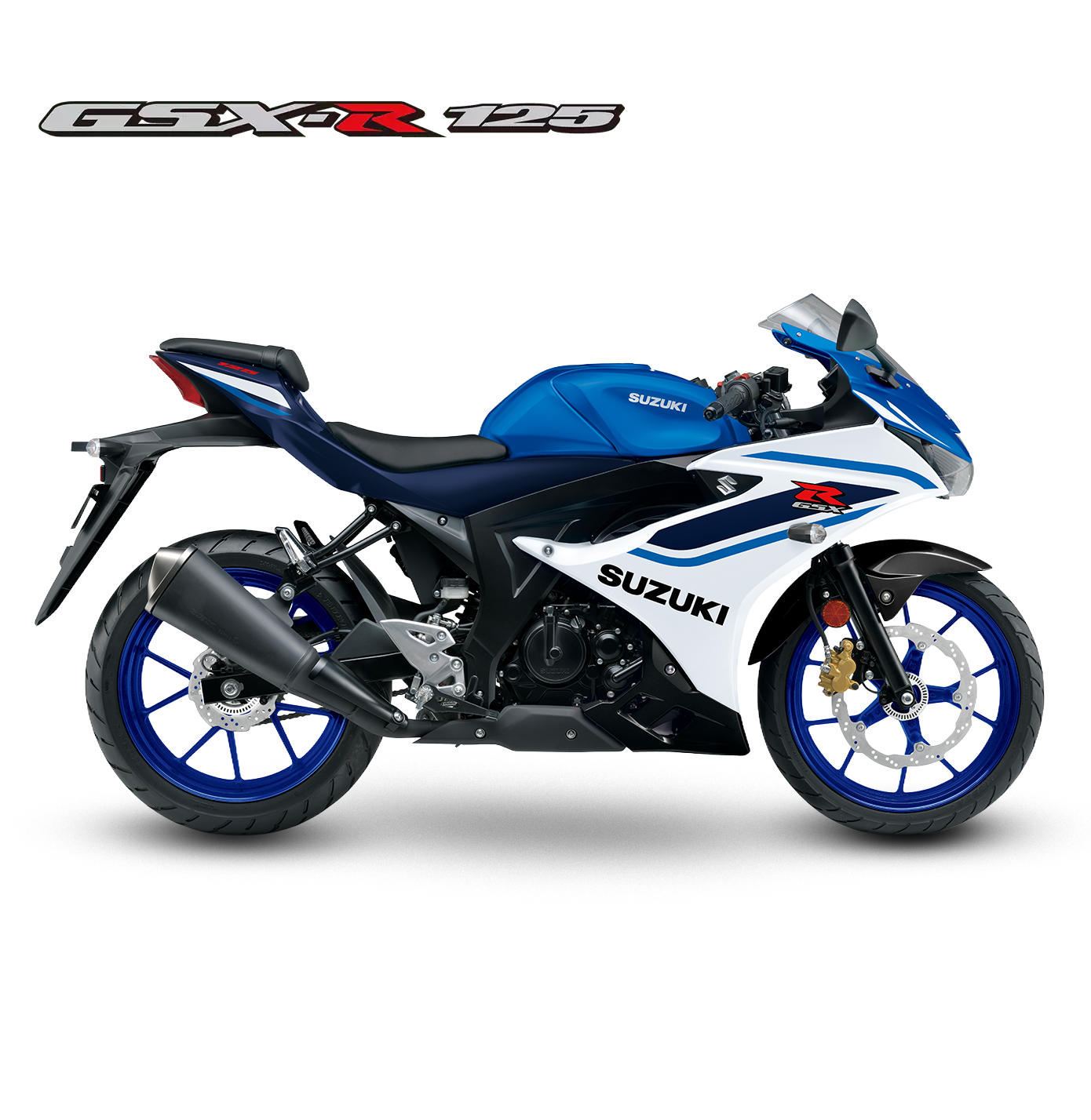 Freigestellte Seitenansicht einer weiß-blauen Suzuki GSX-R125 vor weißem Hintergrund, mit dem Modell-Schriftzug „GSX-R 125“ in der oberen linken Ecke.