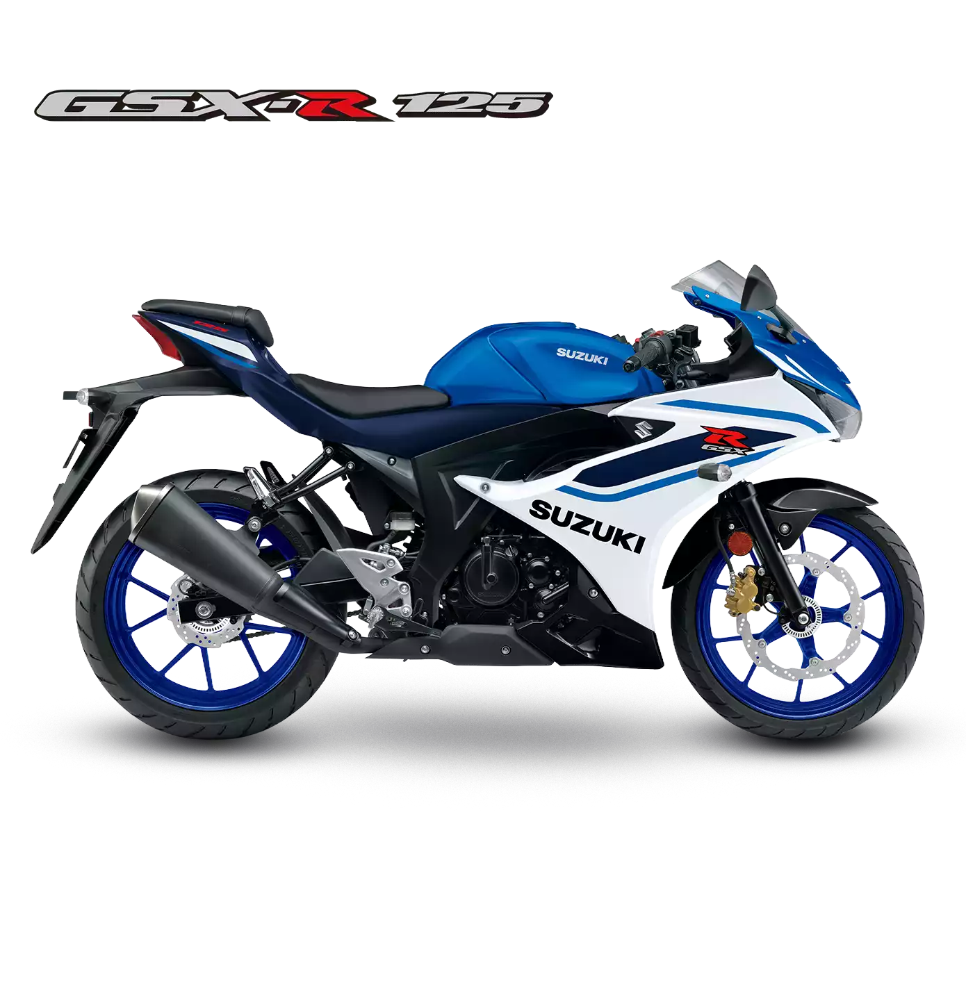 Freigestellte Seitenansicht einer weiß-blauen Suzuki GSX-R125 vor weißem Hintergrund, mit dem Modell-Schriftzug „GSX-R 125“ in der oberen linken Ecke.