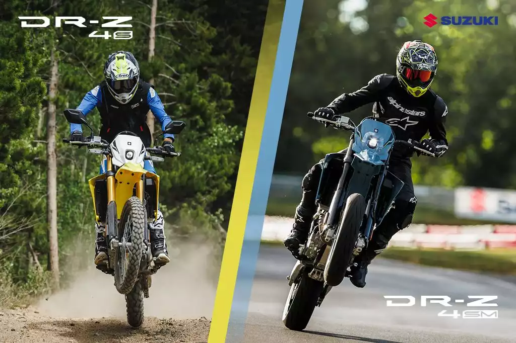 Suzuki DR-Z400S Enduro im Gelände, DR-Z400SM Supermoto auf Asphalt zeigen Vielseitigkeit.
