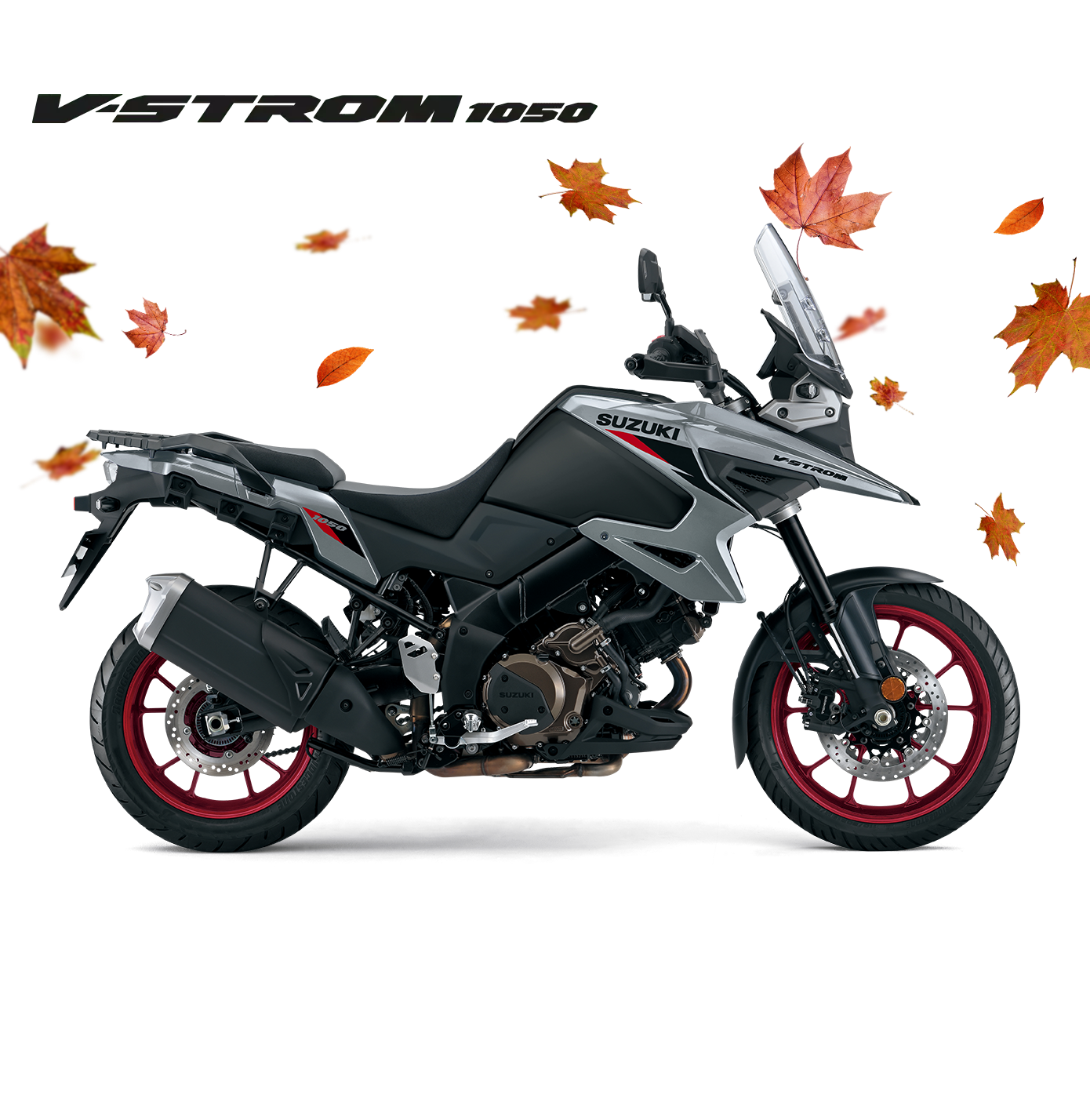 Suzuki V-Strom 1050 silber-schwarz, Adventure Touring Motorrad 2025, linker Profilblick mit Windschild und roten Felgen