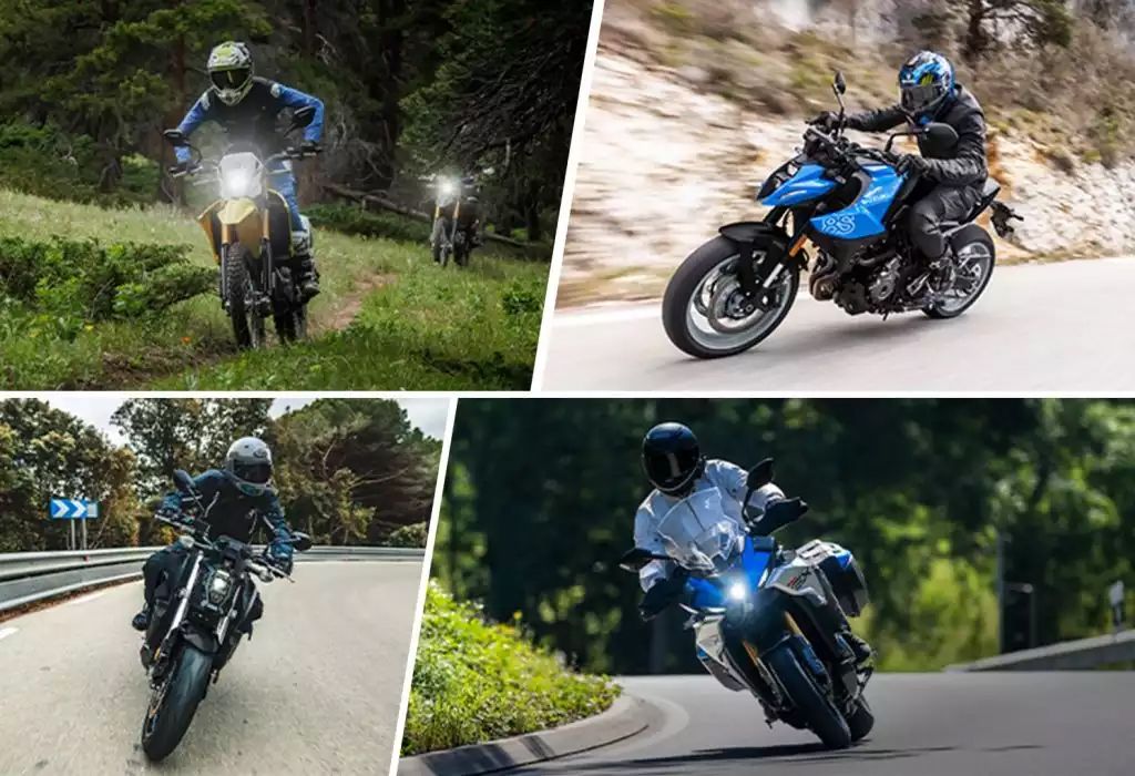 Collage mit vier Motorrädern in Aktion auf Straße und Gelände